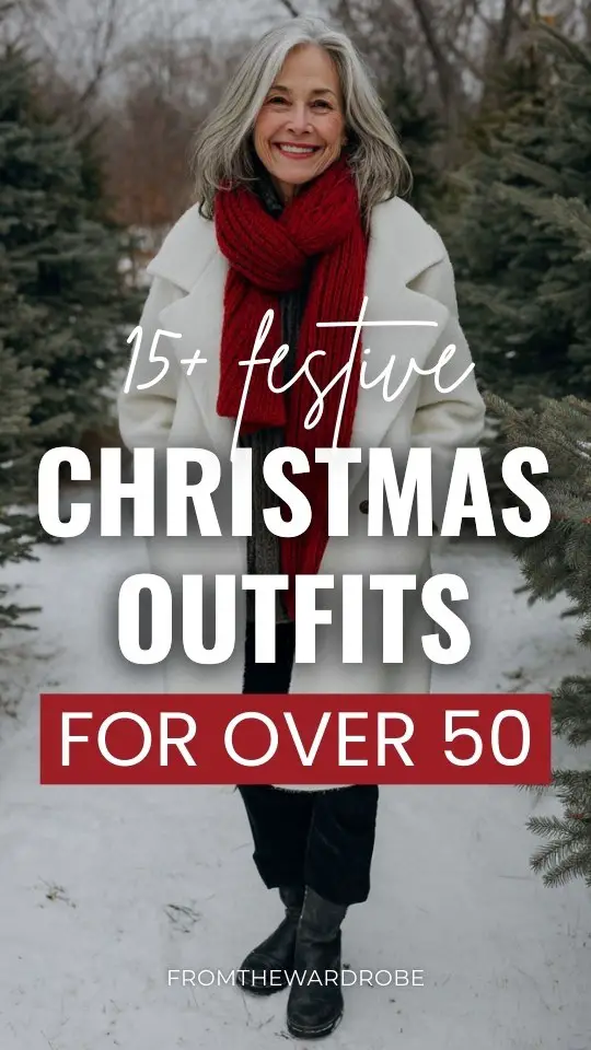 A woman over 50 wears a Christmas outfit with a snowy-white wool coat, red knit scarf, black pants, classic low-heel boots