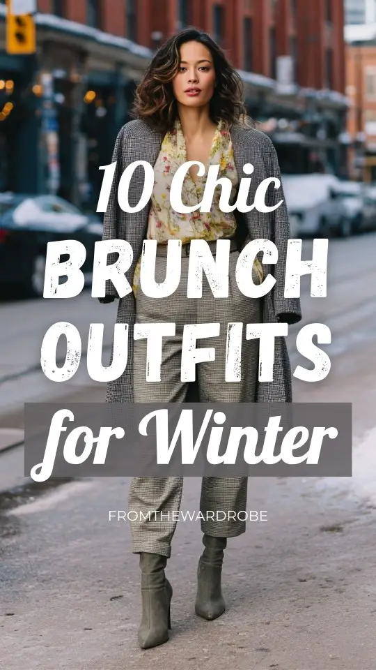 A woman wearing a chic winter brunch outfit with a tailored trousers paired with a romantic blouse and a statement wool coat, styled with heeled boots