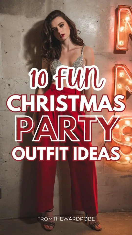 A woman wears a fun Christmas party outfit with a sparkly silver crop top, high-waist red trousers, and strappy heels