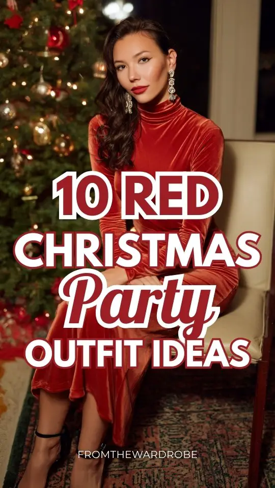 A woman wears a red Christmas party outfit with a red velvet high-neck dress with long sleeves, pearl earrings, black ankle-strap heels