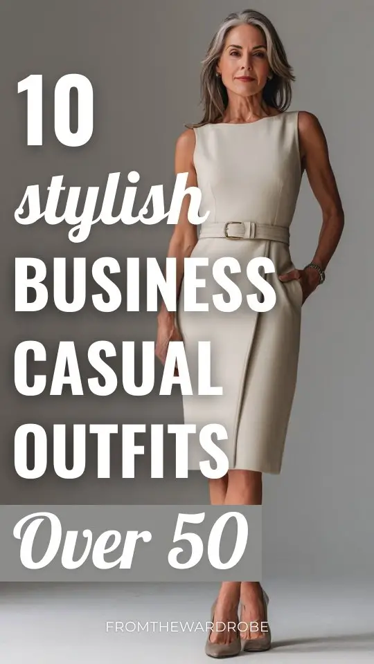 a woman over 50 in a business casual outfit with a sheath midi dress with a belt and classic flats