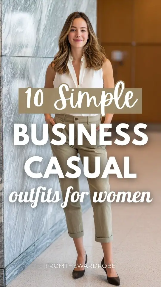 a woman wearing a simple business casual outfit with a crisp sleeveless blouse paired with cropped trousers and pointed flats