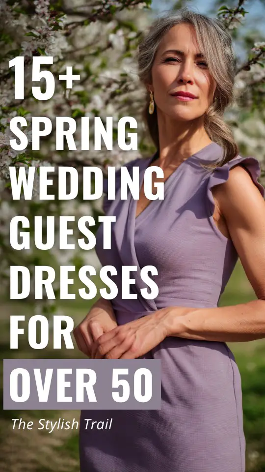 a woman over 50 wears a purple wedding guest dress in spring