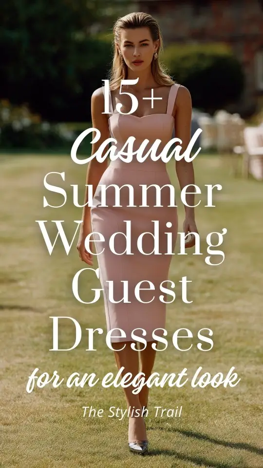 a woman wears an elegant casual summer wedding guest dress