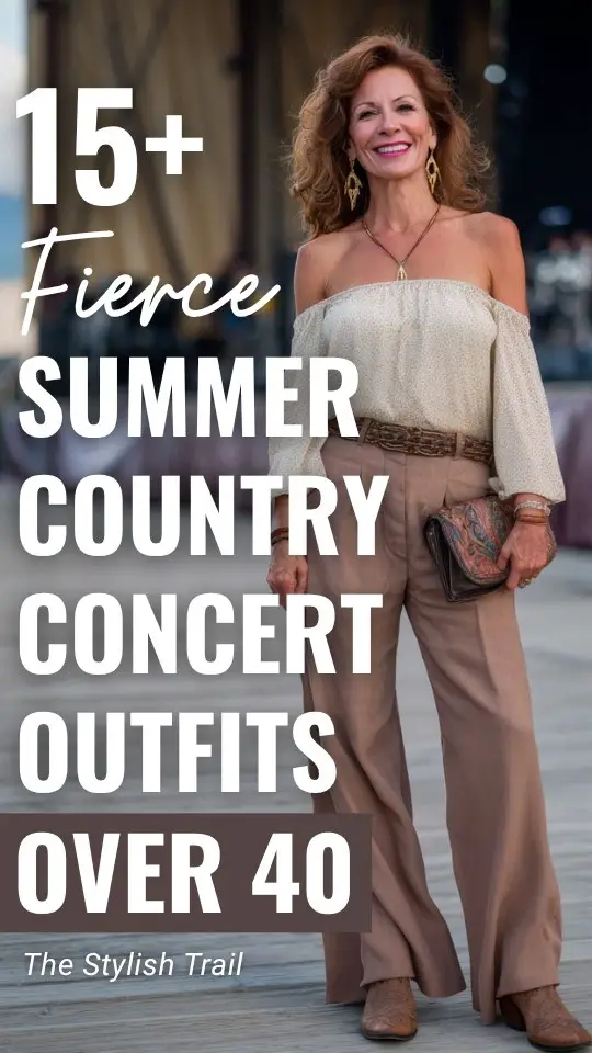 a woman over 40 wears a blouse and pants with boots for summer country concert