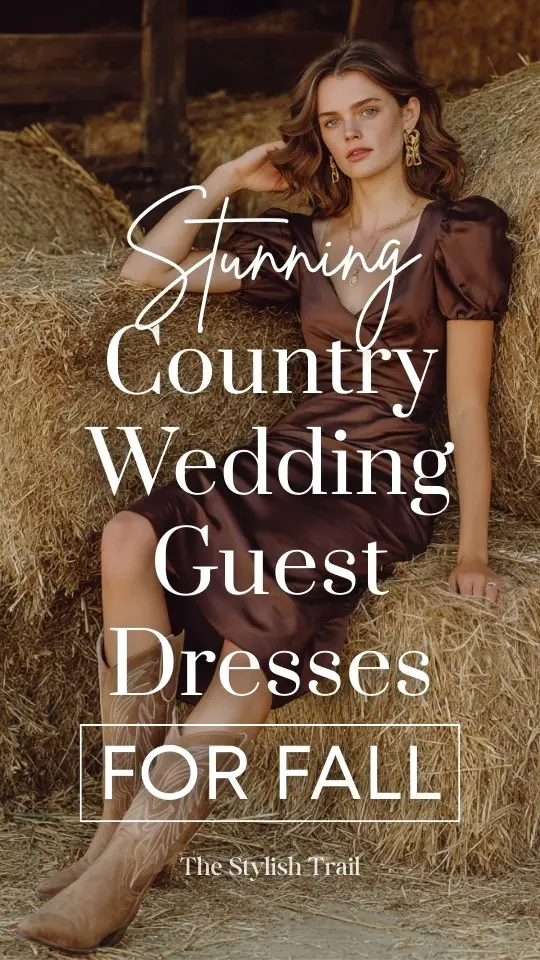 a woman wears a brown country wedding guest dress for fall