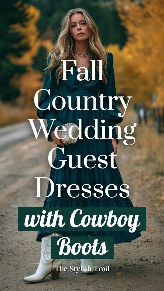 a woman wears a green country wedding guest dress with cowboy boots for fall