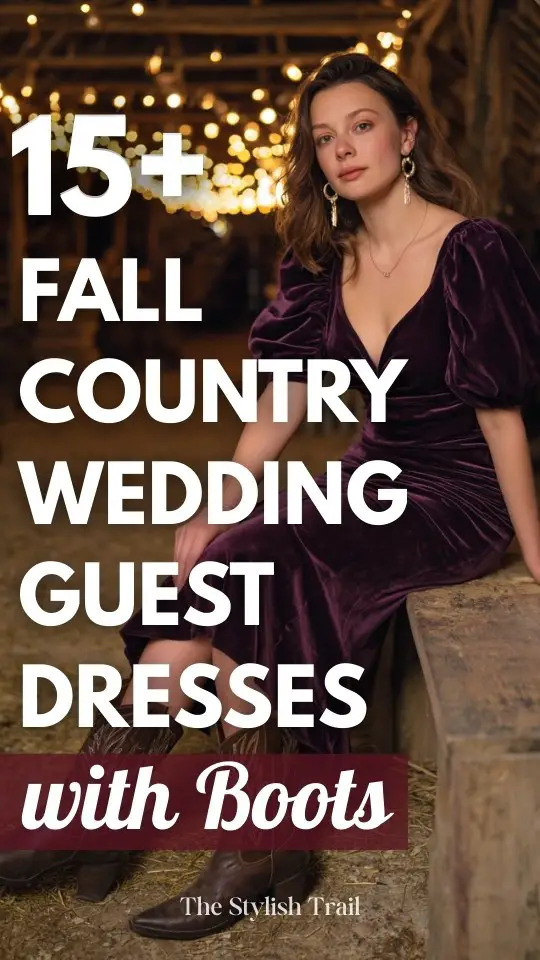 a woman wears a plum velvet fall country wedding guest dress with brown cowboy boots