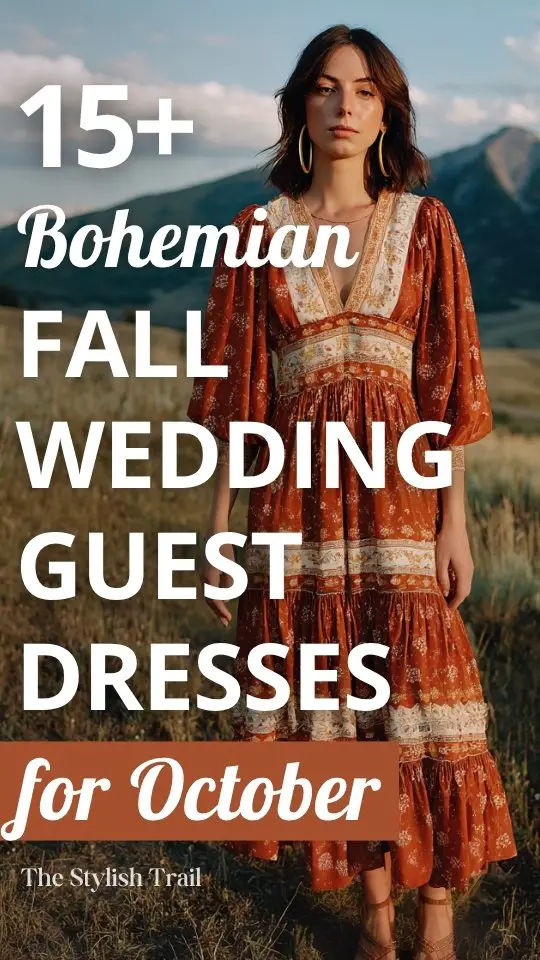 a woman wears a rust and cream embroidered boho fall wedding guest dress with tiered skirt for an October wedding