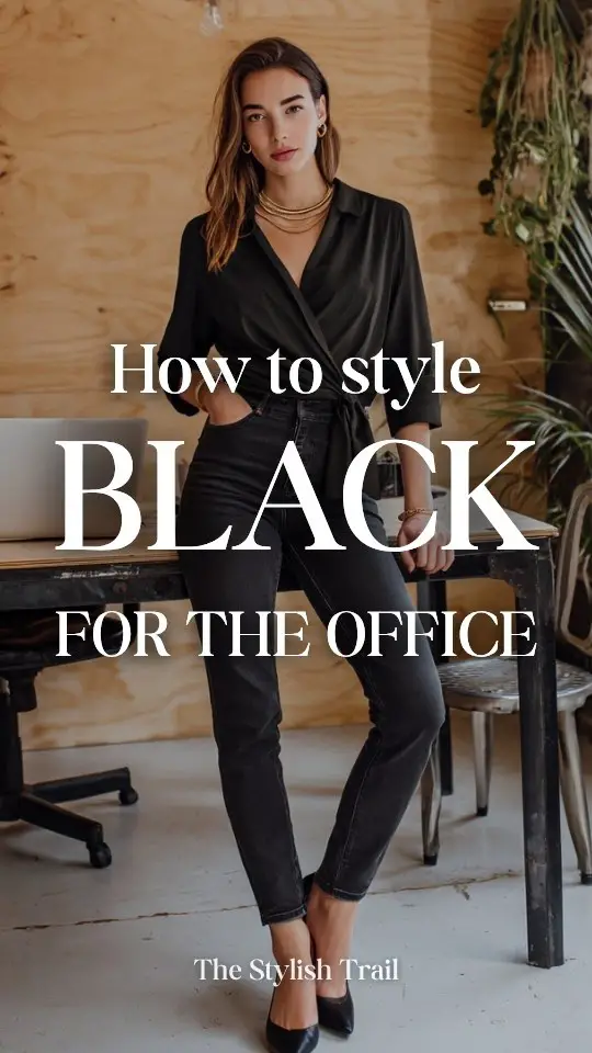 A woman wears a black business casual outfit with a black wrap blouse with tailored black jeans and slingback heels