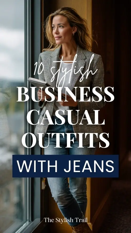 A woman wears a business casual outfits with jeans, a grey checked blazer over a white tee and ankle boots