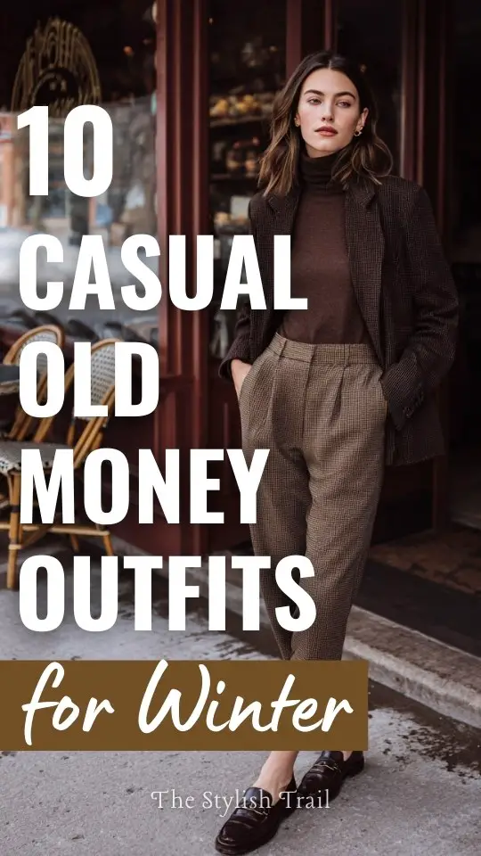 A woman dressed in casual winter old money outfit with a tailored trousers paired with a soft knit turtleneck, cropped wool jacket, and leather loafers