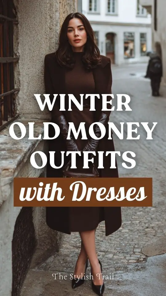 A woman wearing a winter old money outfit with a dress styled with a tailored wool coat, leather gloves, and classic leather pumps