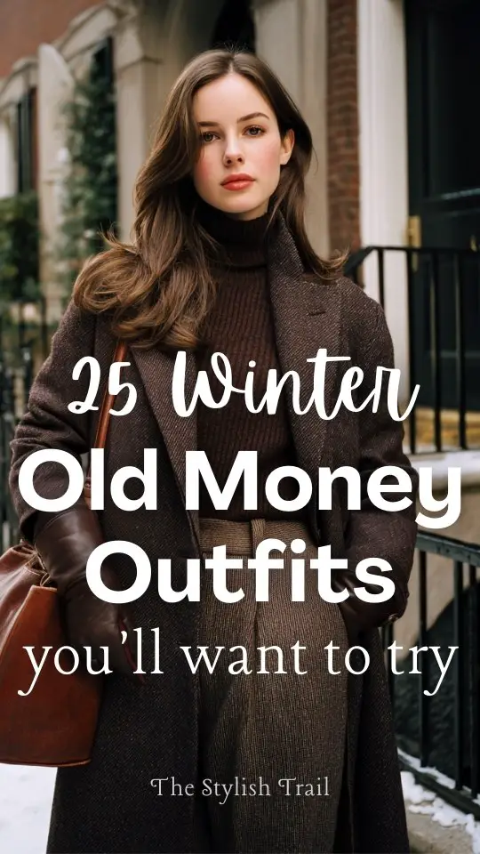 A woman wearing a winter old money outfit with a long wool coat layered over a fitted sweater and straight-leg trousers, styled with leather gloves and a structured tote