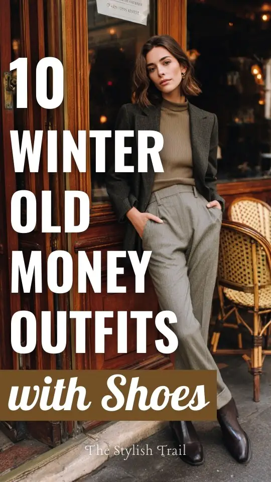 A woman wearing a winter old money outfit with shoes, straight-leg trousers paired with a fine knit top