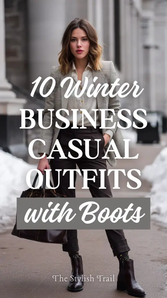 a woman styled in a winter business casual outfit with boots, a button-up blouse under a tailored blazer, paired with slim trousers