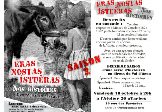 A la campagne Vendredi 16 octobre à 20h Eras nostas istuèras, Nos histoires des récits en cascade, Lecture spectacle à deux voix par Hélène Force et Manuelle Denisse.