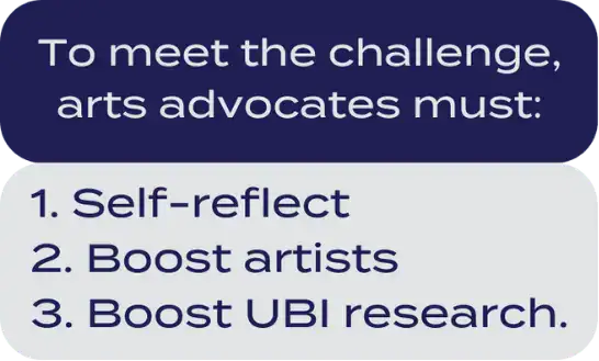 To meet the challenge, arts advocates must: 1. Self-reflect
2. Boost artists
3. Boost UBI research.