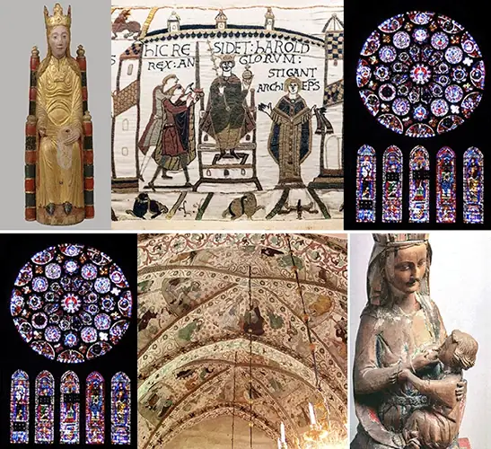 Konst och skulpturer som illustrerar romansk och gotisk stil.