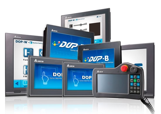 Delta HMI touchscreen for industrial automation and machine control.
