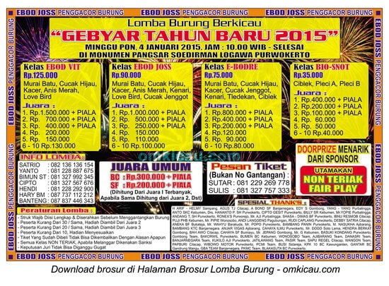 Brosur Lomba Burung Berkicau Gebyar Tahun Baru 2015, Purwokerto, 4 Januari 2015
