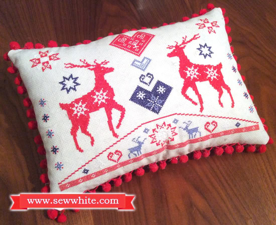 Sew White reindeer Christmas cross stitch pompom cushion 2