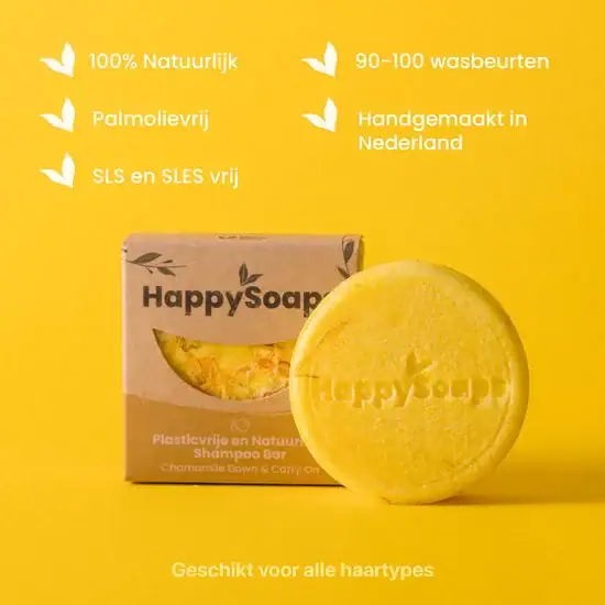 HappySoaps Chamomile Down & Carry On shampoo bar met kamille, natuurlijke plasticvrije shampoo voor alle haartypes.