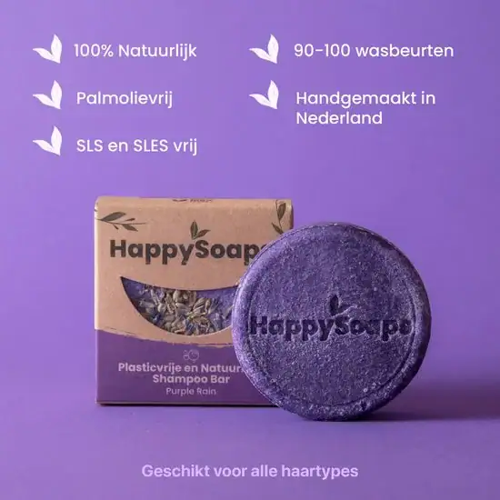 HappySoaps Purple Rain shampoo bar met lavendel, plasticvrije natuurlijke haarverzorging voor alle haartypes.