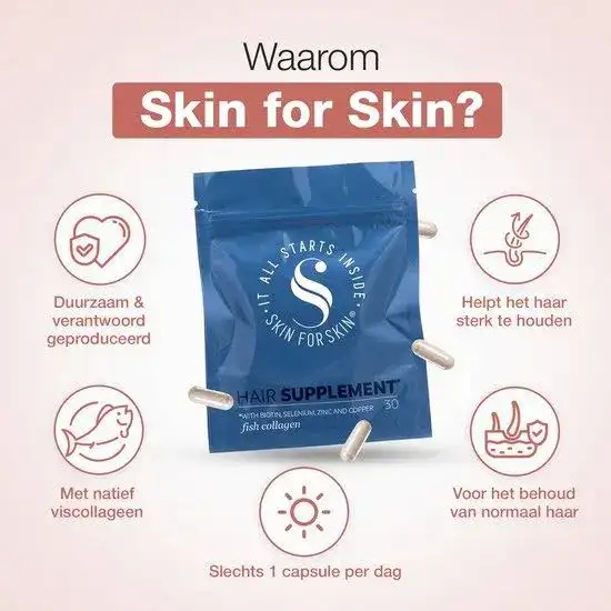 Skin for Skin Hair Supplement met viscollageen, biotine, selenium, zink en koper voor het behoud van normaal haar en ondersteuning van sterk haar.