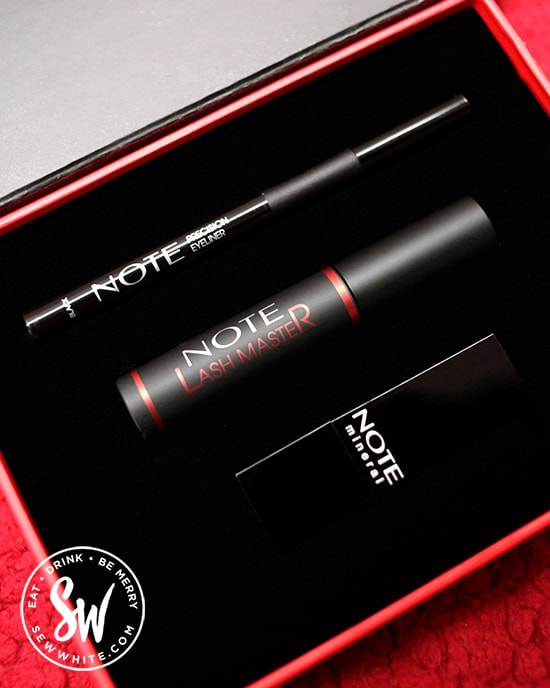 The note cosmetics must have box with eye liner, mascara and rose red lipstick perfect for Valentine's Day