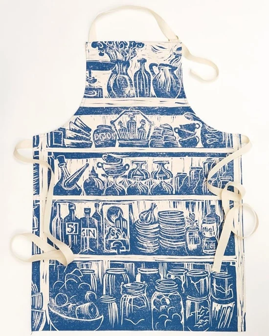 Lino print apron with pantry food and drink illustration