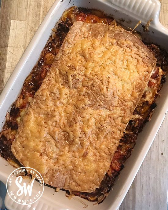 Fresh out of the oven Crispy cheese layer on the Fajita Traybake Mexican Lasagne