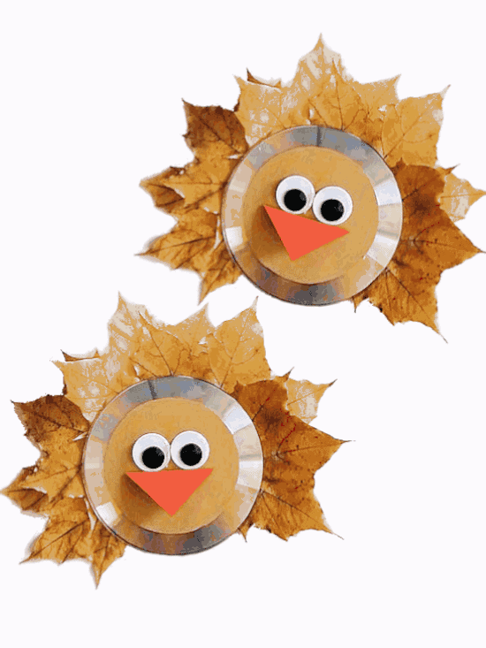 turkey fall craft using real autumn leaves and cds