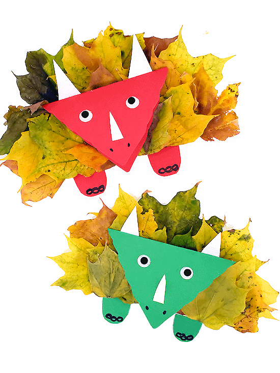 triceratops craft made with real fall leaves