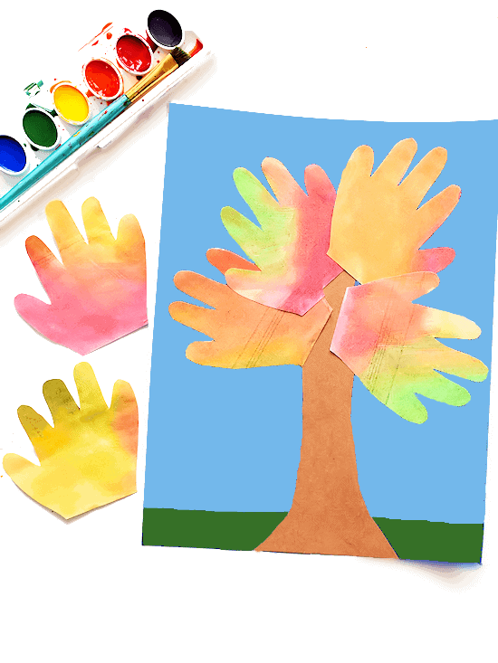 watercolor handprint fall tree craft for kids