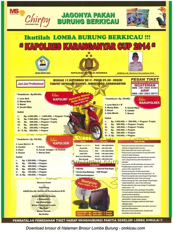 Brosur Lomba Burung Berkicau Kapolres Karanganyar Cup, 14 September 2014