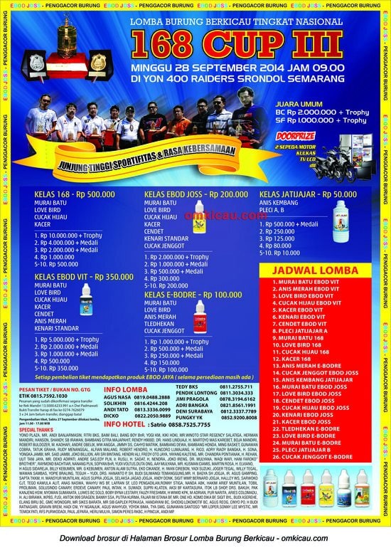 Brosur Lomba Burung Berkicau 168 Cup III, Semarang, 28 September 2014