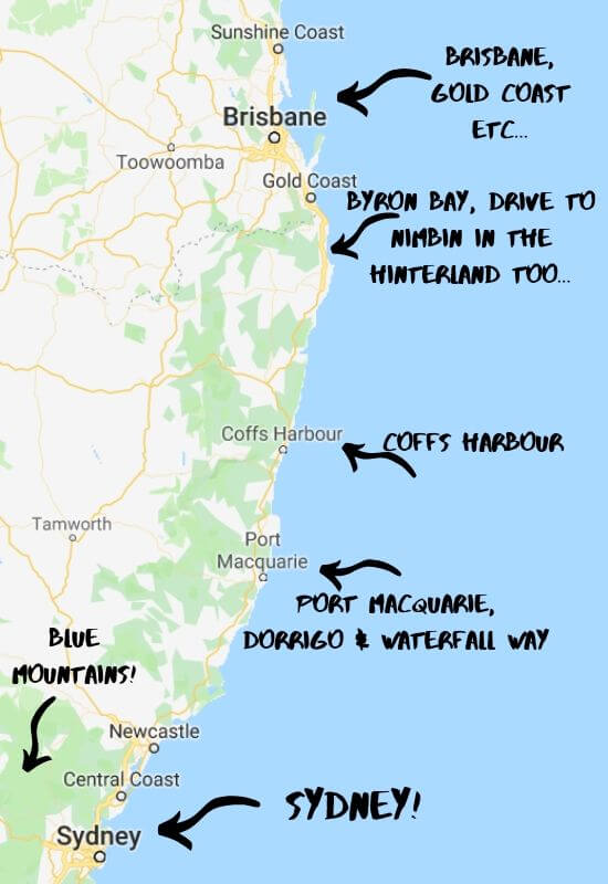 East Coast Australia Map - Drive from Sydney to Brisbane