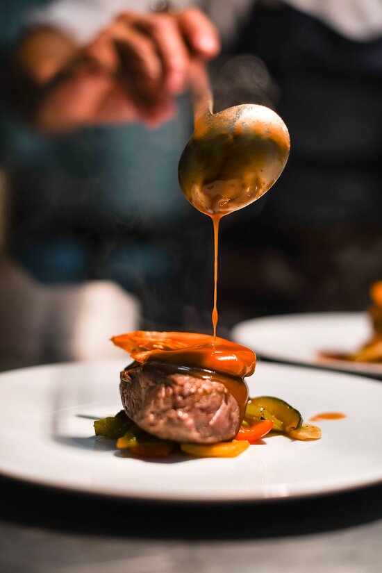 Surf n' Turf, prato de bife e camarão do COMO Restaurante em Sintra
