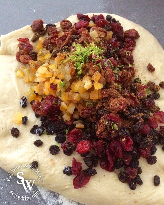 the bright reds and browns of the fruit and spices ready for the hot cross buns.