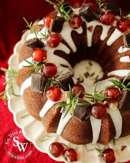 Chocolate chunks on the christmas black forest bundt cake.