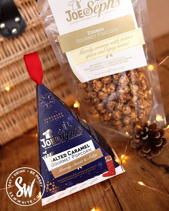 Stocking filler presents from Joe & Steph's popcorn in blue packaging in the Eat gift guide for Sew White