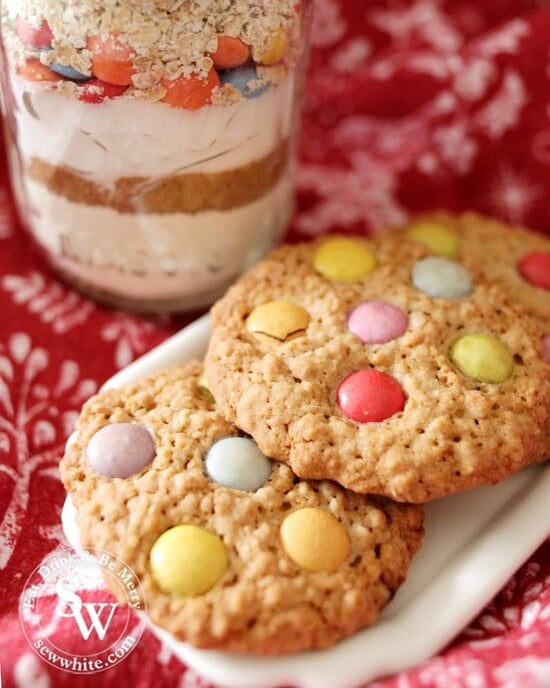 Close up of the Smarties in the cooked cookies from my cookie mix jar gift