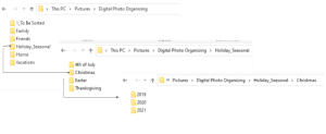 Bright, inviting digital photo organization folders for holiday and seasonal events, designed to help users maintain a clutter-free and organized photo library for memorable moments.