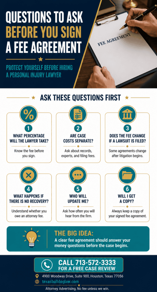 Infographic listing questions to ask before signing a personal injury lawyer fee agreement in Texas.