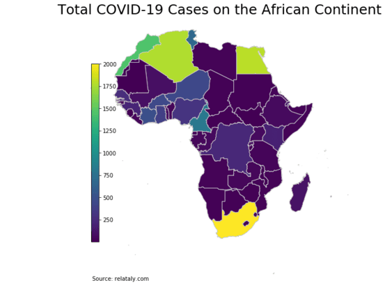 Geographic heat map of Africa showing COVID-19 total cases in different countries, created with geopandasin python