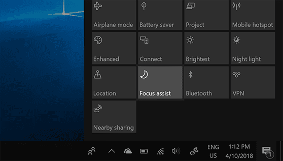 Focus Assist Action Center Windows
