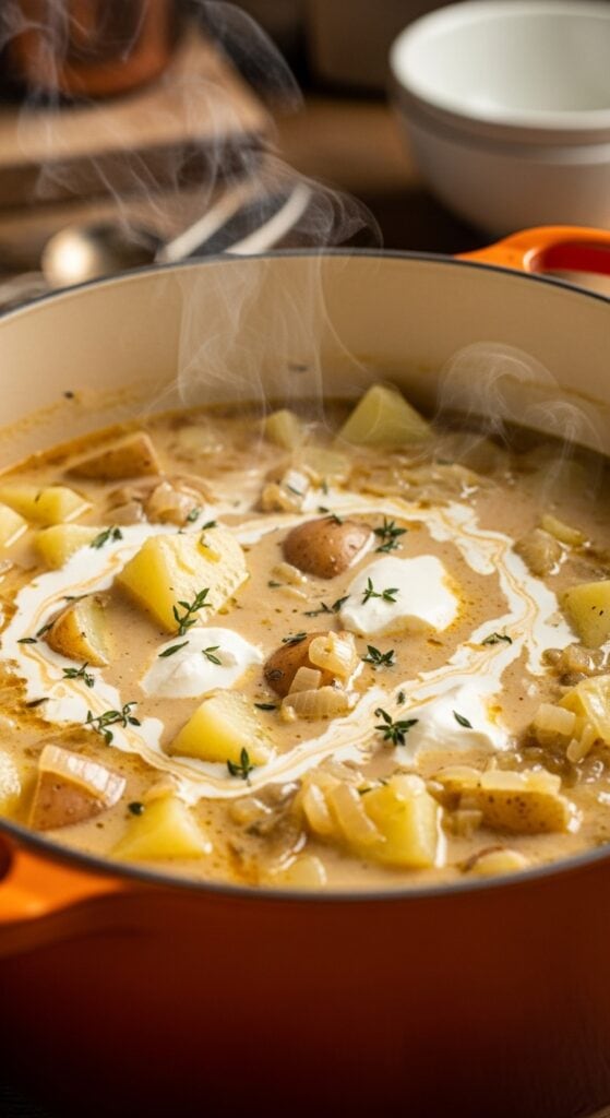 cooking potato soup with cream cheese in dutch oven