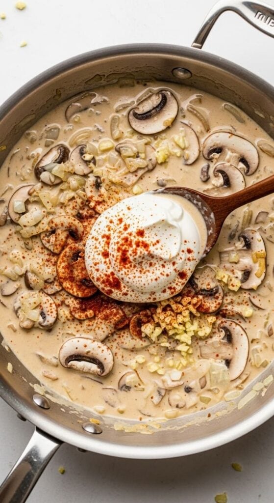 vegetarian stroganoff recipe - sauce cooking in a stainless steel skillet