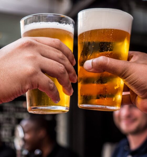 two persons holding drinking glasses filled with beer